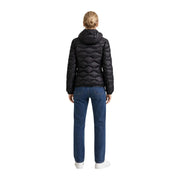 Schwarze, gesteppte Nylon-Pufferjacke mit Kapuze und Reißverschluss von Blauer Damenkollektion, ideal für kaltes Wetter