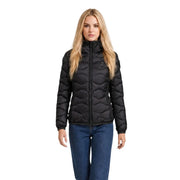 Blauer Schwarze, gesteppte Nylon-Damenjacke mit hohem Kragen und Reißverschluss für kaltes Wetter