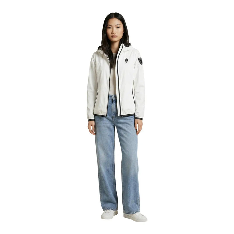 Blauer Weiße Damen-Kapuzenjacke aus Nylon-Elastan mit schwarzem Reißverschlussbesatz und Logo-Patches auf Brust und Ärmel
