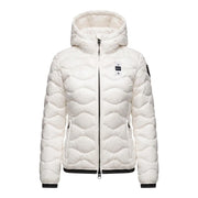 Blauer Weiße, gesteppte Damen-Pufferjacke aus Polyester mit Kapuze, schwarzem Reißverschluss und Besatz für kaltes Wetter