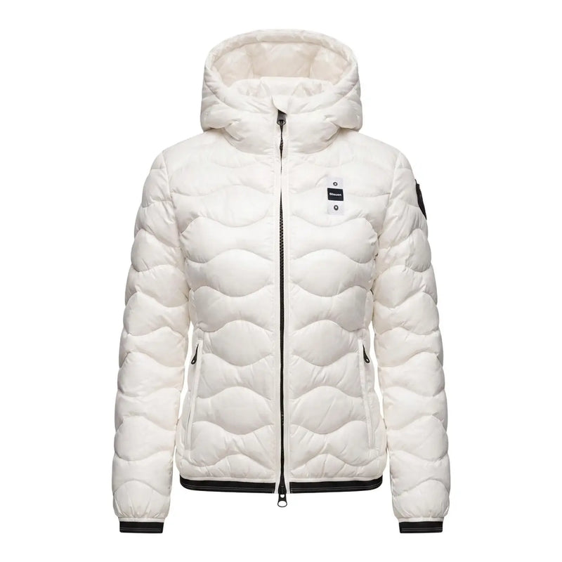 Blauer Weiße, gesteppte Damen-Pufferjacke aus Polyester mit Kapuze, schwarzem Reißverschluss und Besatz für kaltes Wetter