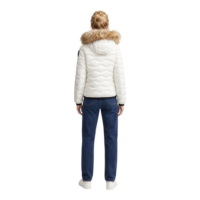 Blauer Weiße, gesteppte Damen-Polyester-Daunenjacke mit hellbraun gefütterter Kapuze und Kapuzenblazer-Stil