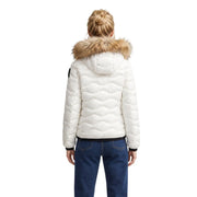 Blauer Weiße, gesteppte Damen-Polyester-Daunenjacke mit hellbraun gefütterter Kapuze und schwarzem Besatz