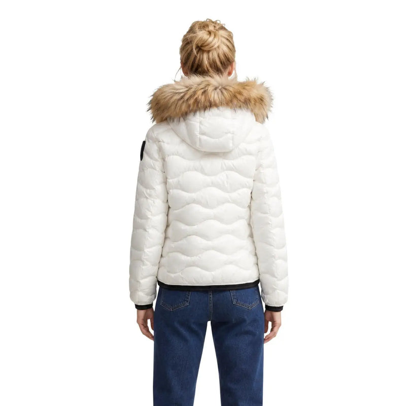 Blauer Weiße, gesteppte Damen-Polyester-Daunenjacke mit hellbraun gefütterter Kapuze und schwarzem Besatz