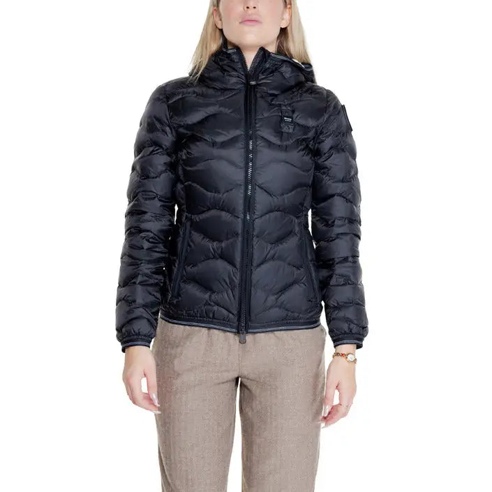 Black hooded puffer jacket from Blauer featuring front pockets and a stylish turtleneck design