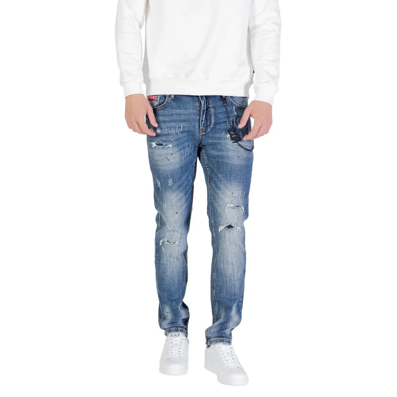 Blue distressed cotton stretch jeans for men with faded wash and intentional rips at the knees