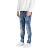 Blue distressed cotton stretch jeans for men with ripped details and a chain accessory on the front pocket