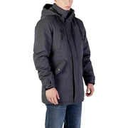 Charcoal gray hooded jacket with water-resistant material and adjustable drawstring hem.