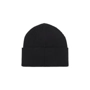 Black ribbed beanie hat with fold-over cuff