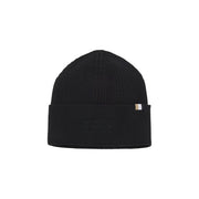 Black ribbed beanie with gold logo and cuff detail.