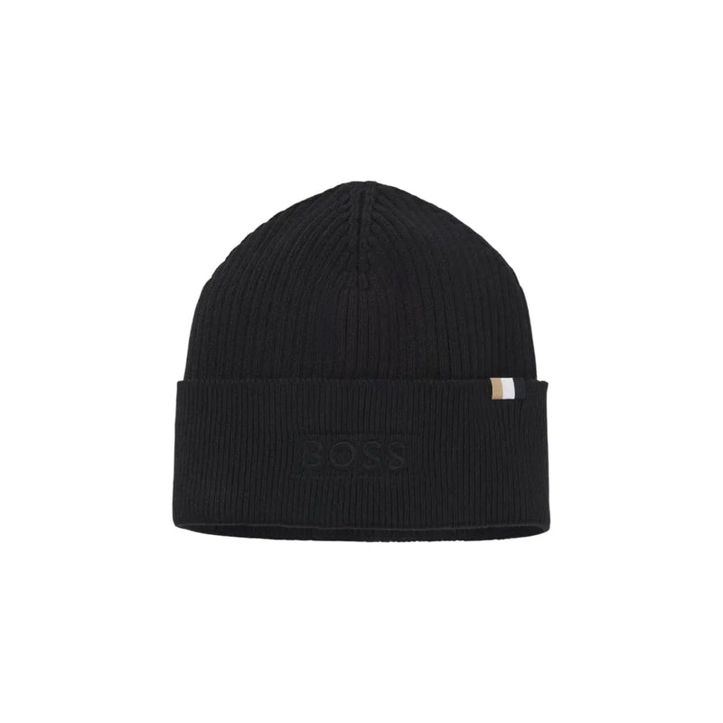 Black ribbed beanie with gold logo and cuff detail.