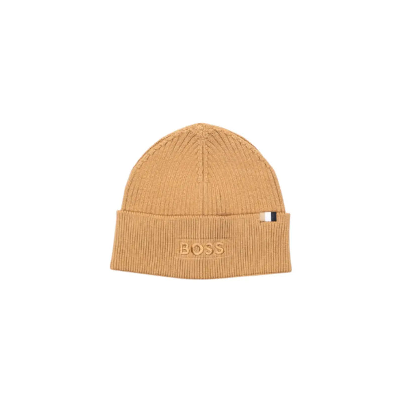 Beige boss beanie with ribbed texture and logo.