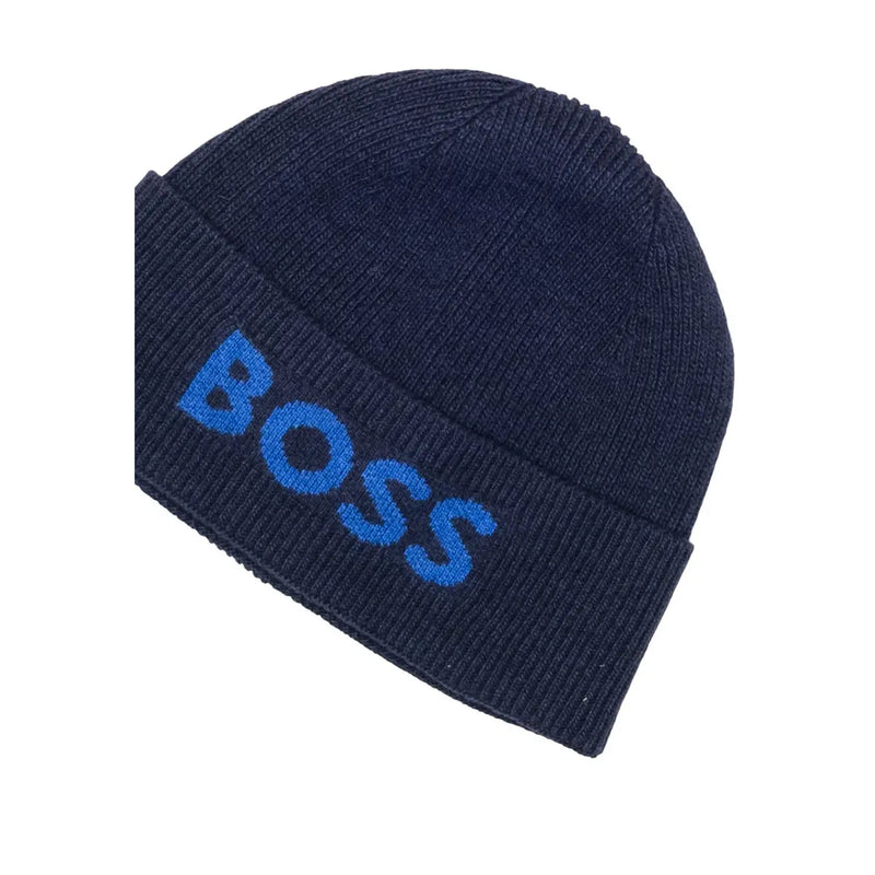 Dark blue ribbed wool blend beanie for men with bold blue Boss logo embroidered on the folded cuff