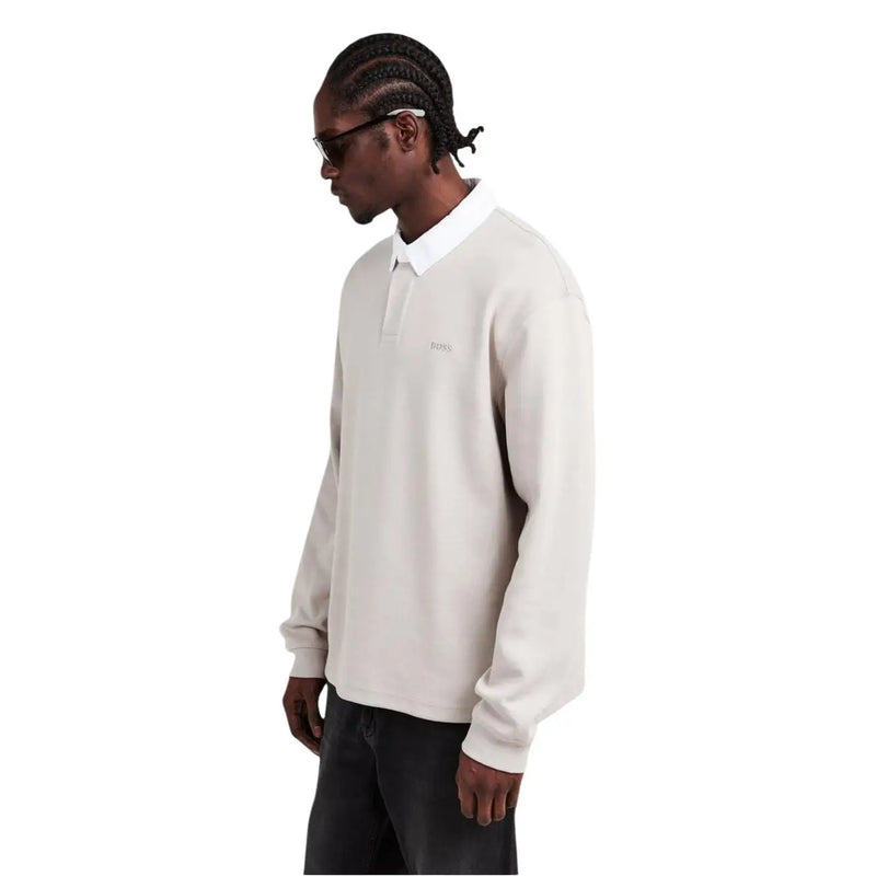 Boss men polo long sleeve grey cotton blend featuring a beige shirt with white collar and subtle chest embroidery