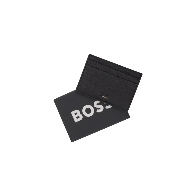 Schwarzes Herren-Kartenetui aus Leder von Boss mit minimalistischem Design und weißem Boss-Logo auf Polyurethan, Größe W10