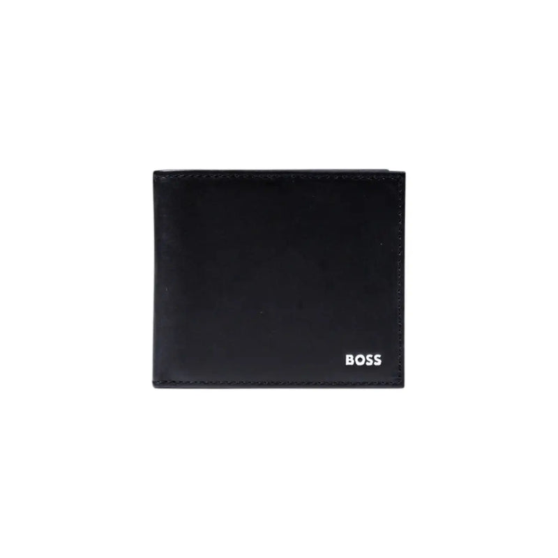 Schwarze Herren-Ledergeldbörse von Boss mit weißem Boss-Logo in der unteren rechten Ecke, Maße: 11 x 9 x 1,5 cm