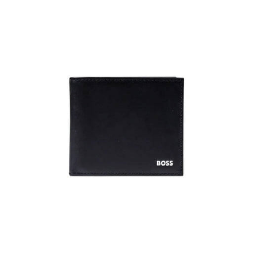 Schwarze Herren-Ledergeldbörse von Boss mit weißem Boss-Logo in der unteren rechten Ecke, Maße: 11 x 9 x 1,5 cm
