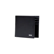 Schwarze Herren-Ledergeldbörse von Boss mit weißem Boss-Logo auf der Vorderseite, Maße: 11 x 9 x 1,5 Zentimeter