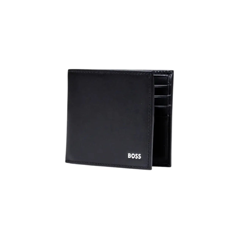 Schwarze Herren-Ledergeldbörse von Boss mit weißem Boss-Logo auf der Vorderseite, Maße: 11 x 9 x 1,5 Zentimeter