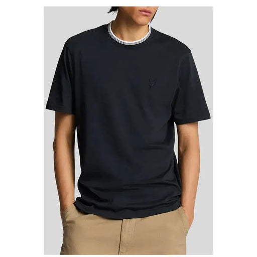 Navy blue T-shirt with white-trimmed collar from Brown Short Sleeve T Shirt collection