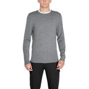 Charcoal gray crew neck sweater with white trim and textured knit design.