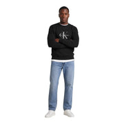 Calvin Klein Jeans Schwarzes Herren-Sweatshirt aus Baumwolle mit Rundhalsausschnitt, weißem Logo und gerippten Bündchen