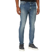 Rückansicht von Calvin Klein Jeans Blaue Herren-Stretchjeans in schmaler Passform mit verwaschenem Look und Markenpatch am Bund.