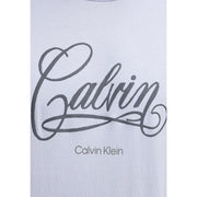 White Calvin Klein jeans men t shirt in cotton with gray cursive Calvin logo and smaller brand name print below