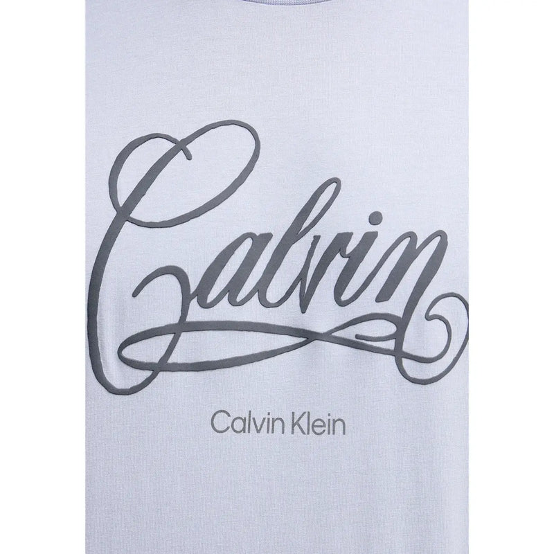 White Calvin Klein jeans men t shirt in cotton with gray cursive Calvin logo and smaller brand name print below