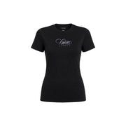 Calvin Klein Jeans Schwarzes, klassisches Damen-T-Shirt aus Baumwolle mit weißem, geschwungenem Logo auf der Brust
