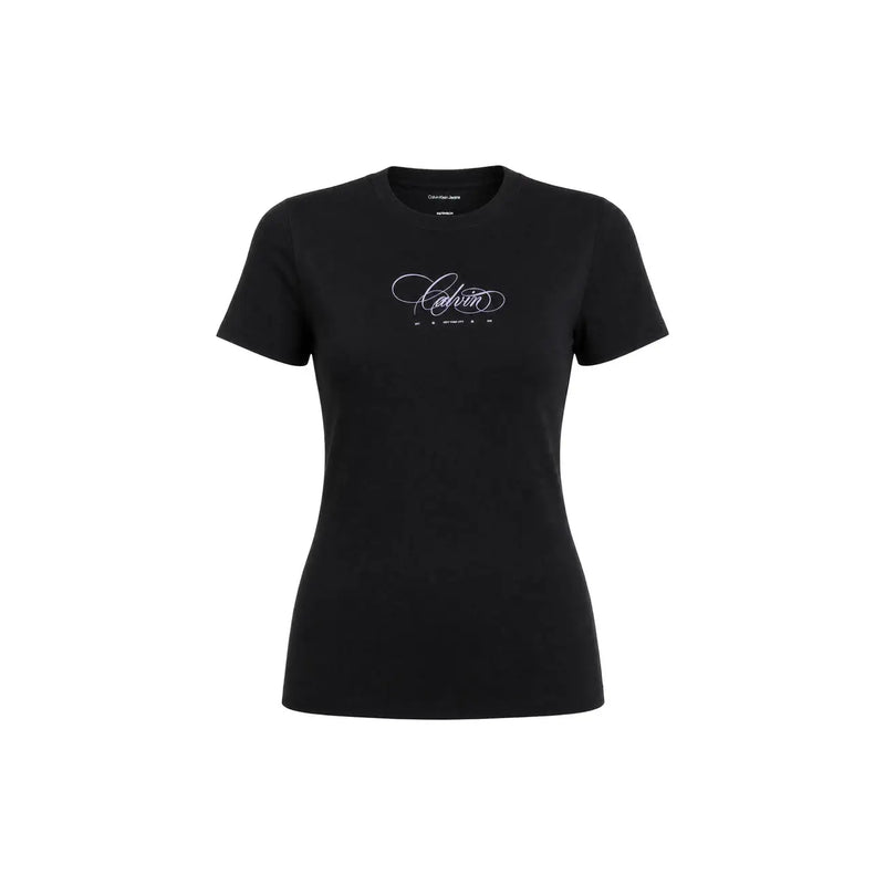 Calvin Klein Jeans Schwarzes, klassisches Damen-T-Shirt aus Baumwolle mit weißem, geschwungenem Logo auf der Brust