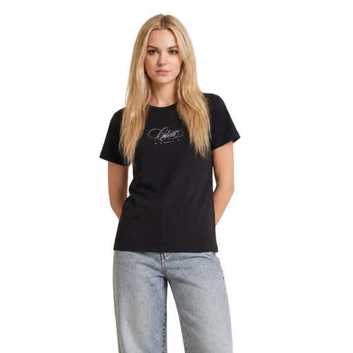 Calvin Klein Jeans Schwarzes, klassisches Damen-T-Shirt aus Baumwolle mit weißem, geschwungenem Logo auf der Brust