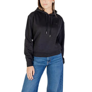 Calvin Klein Jeans Schwarzer Damen-Kapuzenpullover mit dezentem, gesticktem Logo und passenden Kordelzügen aus Baumwollmischgewebe.
