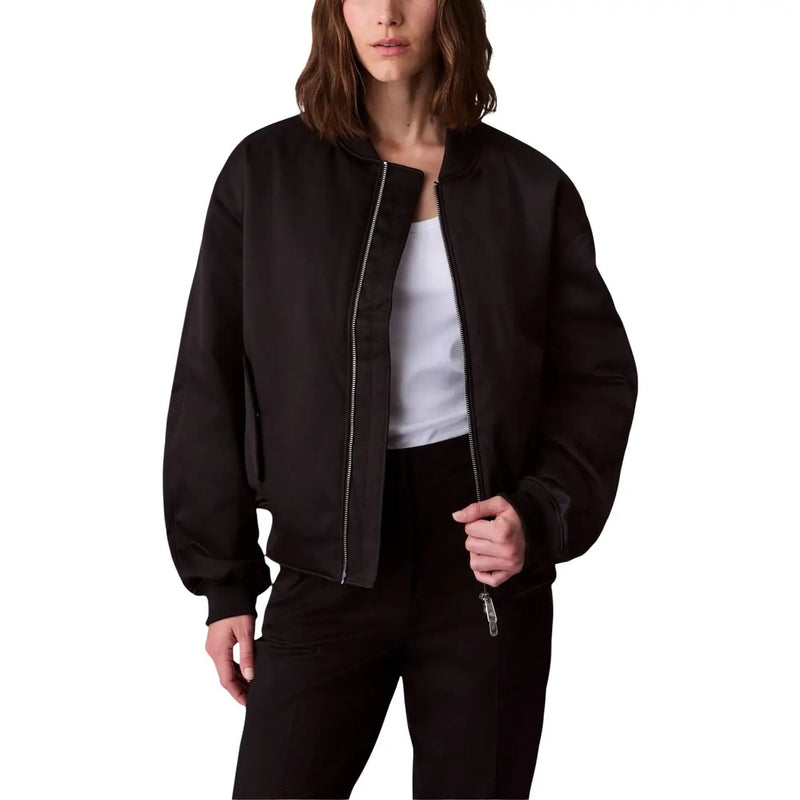 Calvin Klein Jeans women black polyester bomber jacket with matte finish, silver zippers