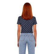 Marineblau Calvin Klein Jeans Damen-T-Shirt aus Baumwolle mit weißem geometrischem Muster und kurzen Ärmeln