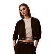 Calvin Klein Jeans-Damen-Hoodie aus brauner Baumwolle mit Reißverschluss, schwarzen Kordelzügen und weißem Logo am Saum
