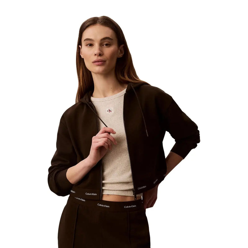 Calvin Klein Jeans Damen-Kapuzenpullover aus brauner Baumwolle mit dunkelbraunem Reißverschluss und dezentem Logo auf der Brust