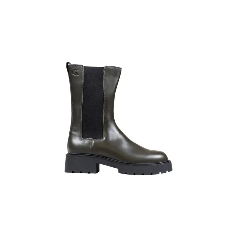 Calvin Klein Jeans dark olive green leather Chelsea ankle boots with black elastic panels and chunky rubber sole