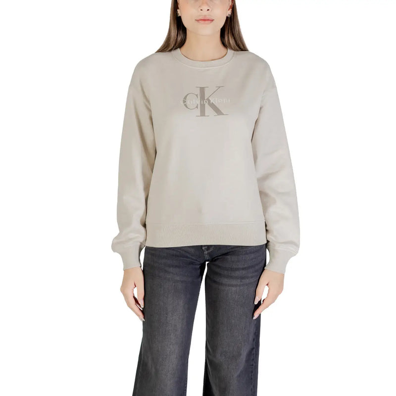 Women’s beige crew-neck sweatshirt with large CK logo front view, Calvin Klein Jeans