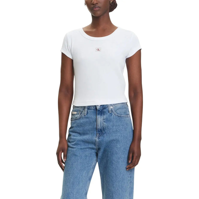 Weißes, kurzärmeliges Crop-Top mit Rundhalsausschnitt top aus Calvin Klein Jeans Damen-T-Shirt in Hellblau