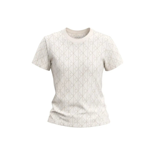 Calvin Klein Jeans Weißes Damen-T-Shirt aus Baumwolle mit cremefarbenen kurzen Ärmeln und dezentem hellgrauem geometrischen Muster