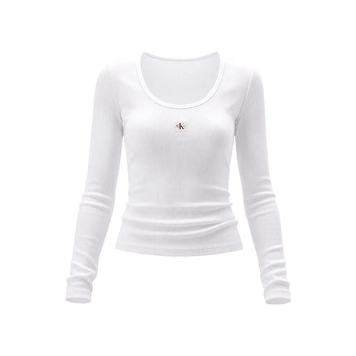 Weißes, geripptes Langarmshirt aus Baumwoll-Lycra top für Damen mit dezentem Calvin Klein Logo-Patch auf der Brust