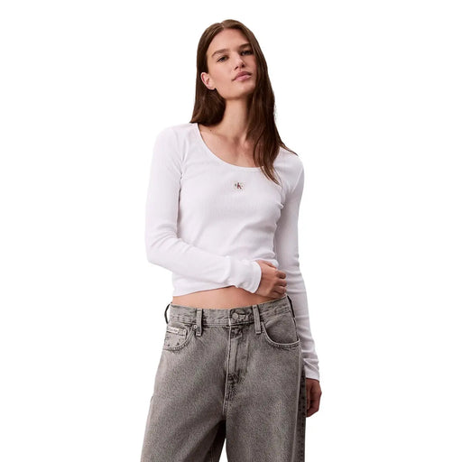 Weißes, langärmeliges Crop-Top aus Baumwoll-Lycra top mit kleinen Stickereien Calvin Klein Logo auf der Brust für Frauen