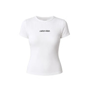 Calvin Klein Jeans Weißes, kurzärmeliges Damen-T-Shirt aus Baumwolle mit Rippstrick, schwarzem Logodruck und Rundhalsausschnitt