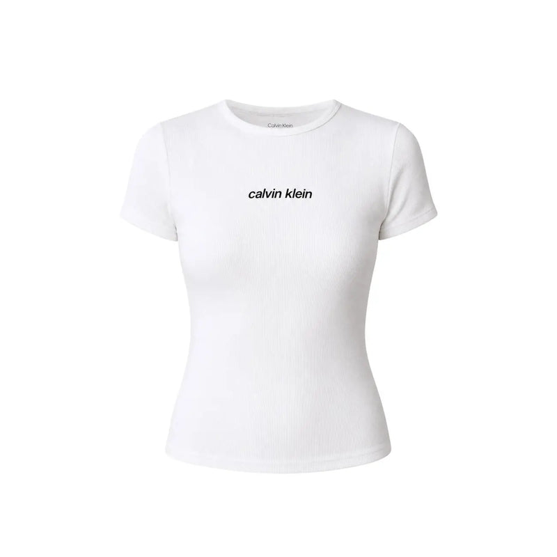 Calvin Klein Jeans Weißes, kurzärmeliges Damen-T-Shirt aus Baumwolle mit Rippstrick, schwarzem Logodruck und Rundhalsausschnitt