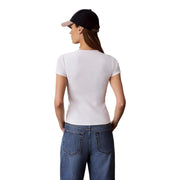 Calvin Klein Jeans Damen weißes, tailliertes Baumwoll-T-Shirt mit Rundhalsausschnitt und kurzen Ärmeln, Vorderansicht
