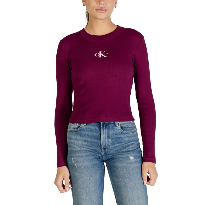Calvin Klein Jeans bordeauxrotes, langärmeliges Crop-Top top mit weißem CK-Logo