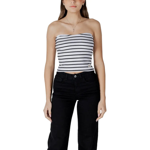 Calvin Klein Jeans Damen weiß-schwarz gestreiftes ärmelloses trägerloses Crop-Top top aus angenehmem Stoff
