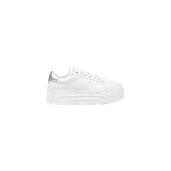 Calvin Klein Jeans Women’s White Platform Sneakers with Silver Accent Design