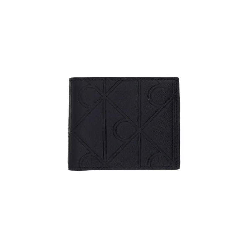 Schwarzes Lederportemonnaie von Calvin Klein für Herren mit Reißverschluss, geprägtem geometrischem Logo-Muster und kompakten Abmessungen